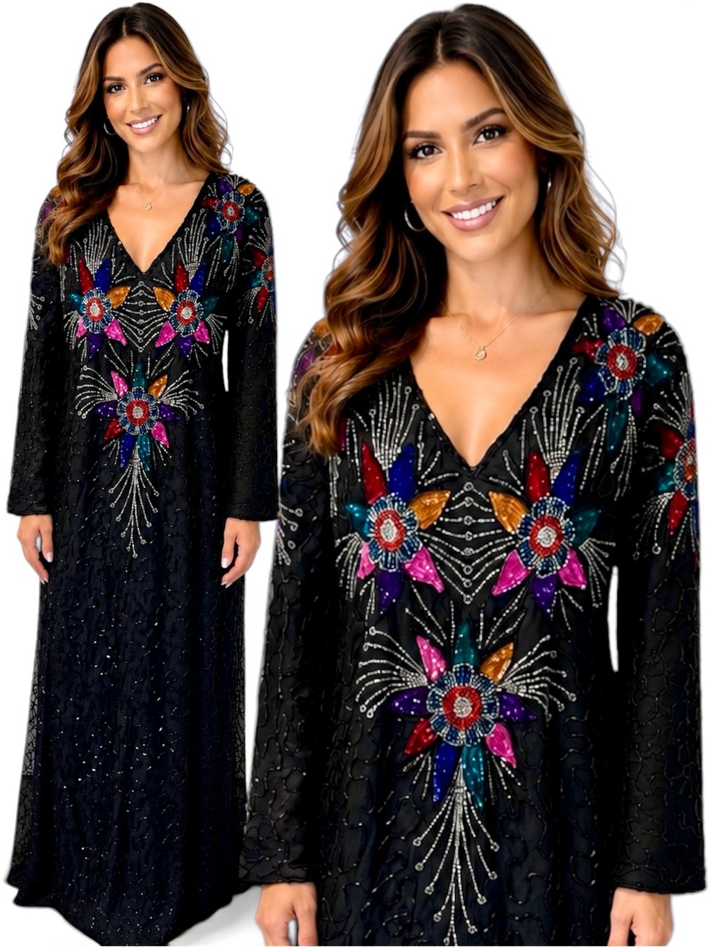 Vintage Beaded Gypsy Fairy Goth Color Block Evening Formal Long Maxi Dress L/XL